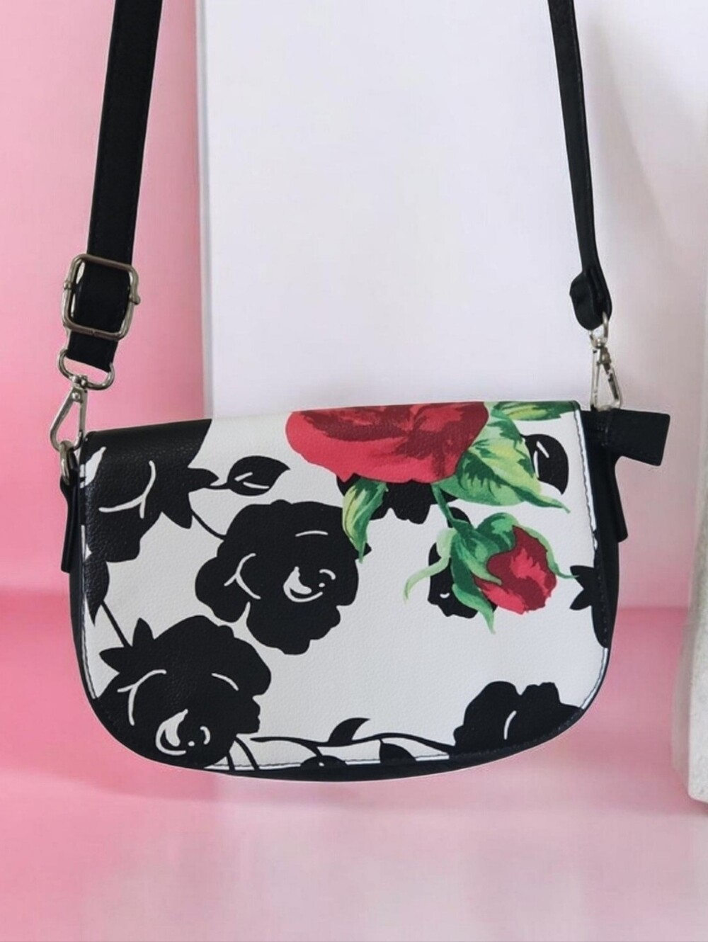 K Carrol Black & White Floral Crossbody Bag with Red Rose Detail